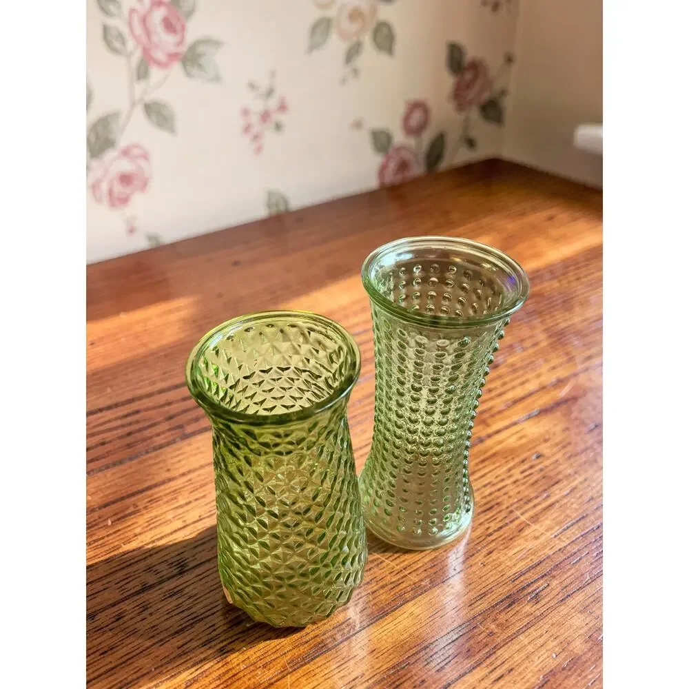 Vintage DPS Green Glass Vases Set of 2 Paula Hobnail MCM 1960s Textured 9-10